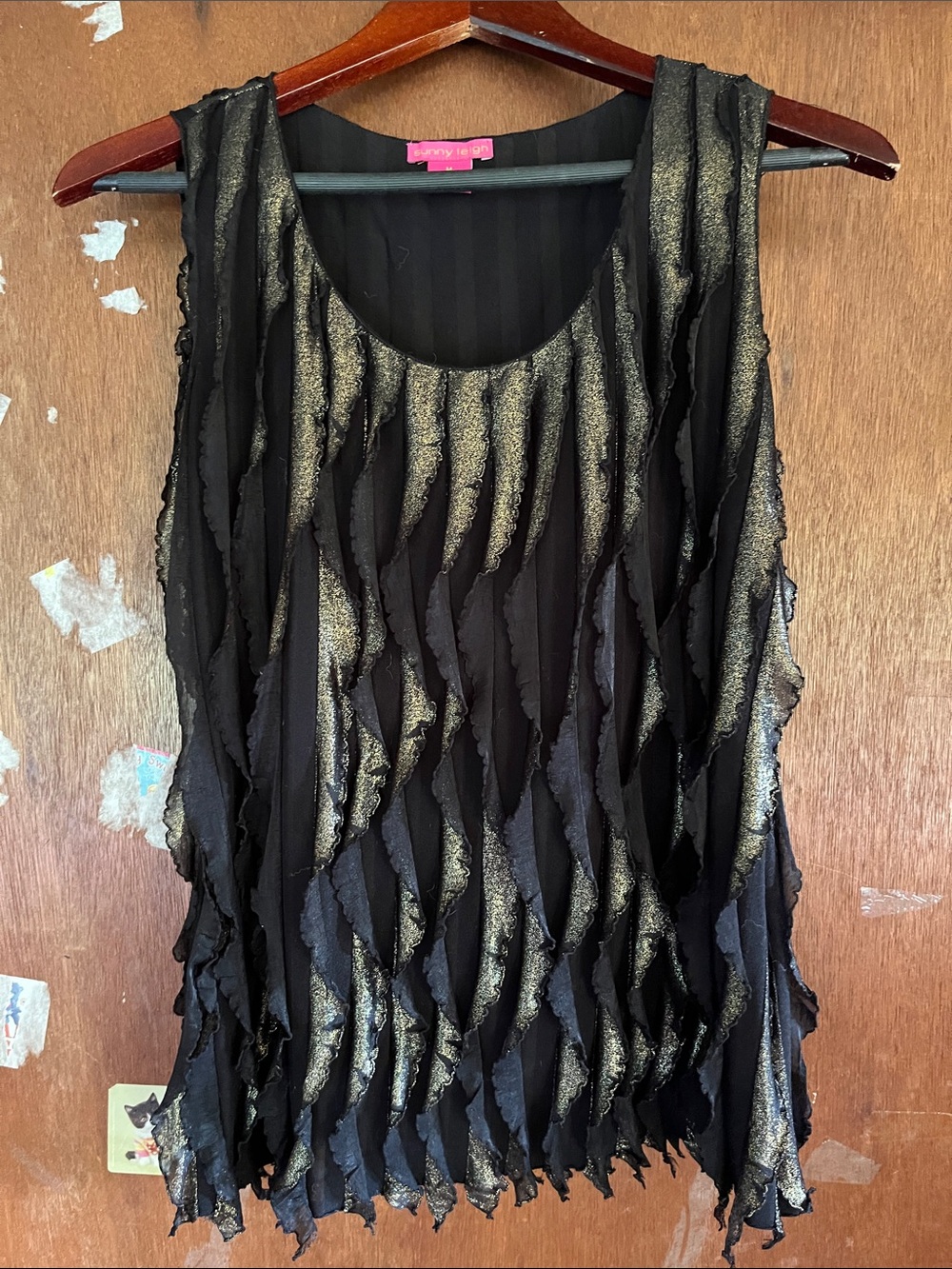 Sunny Leigh Black Tank with Gold Textured Waves Flowy Medium